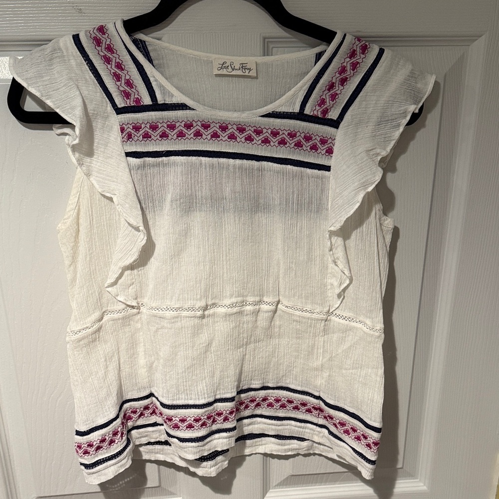 Love Shack Fancy White Top with Pink and Navy Embroidery